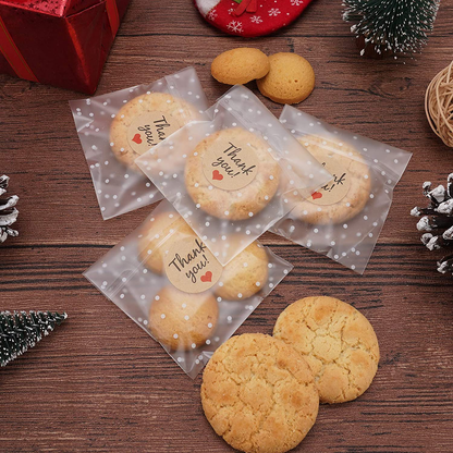Self Adhesive Cookie Bags Treat Bags, Resealable Cellophane Bags, White Polka Dot Individual Cookie Bags with Thank You Stickers for Gift Giving
