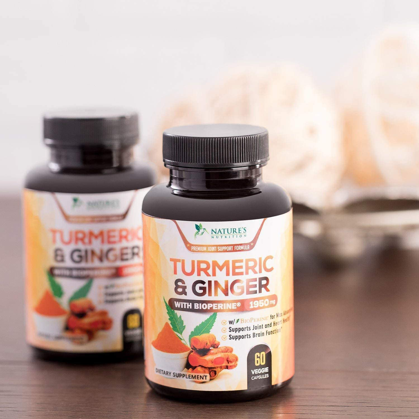 Turmeric Curcumin with BioPerine & Ginger 95% Curcuminoids 1950mg - Black Pepper for Absorption, Made in USA, Natural Immune Support, Turmeric Ginger Supplement by Natures Nutrition - 60 Capsules