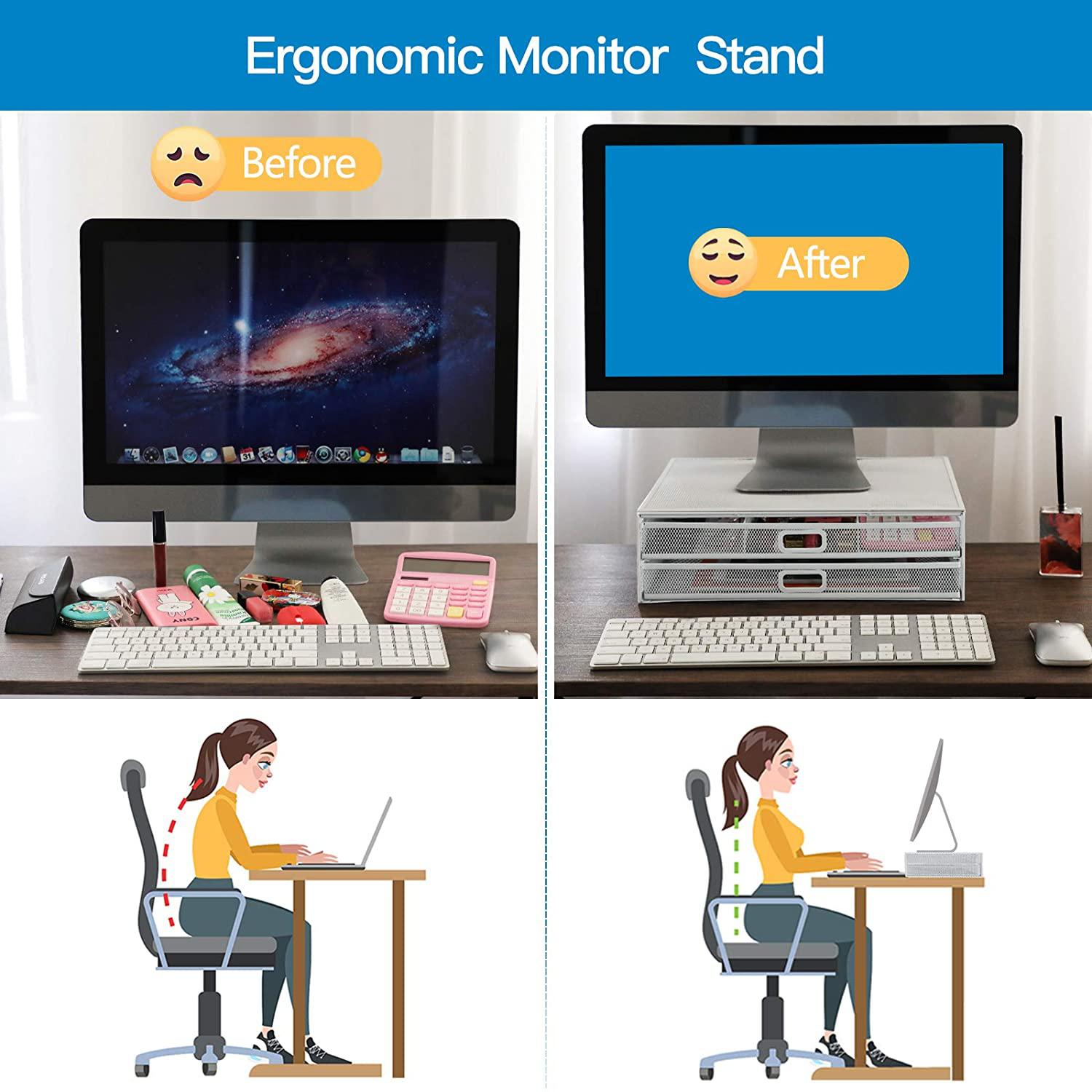 HUANUO Monitor Stand Riser with Drawer - Mesh Metal Desk Organizer PC, Laptop, Notebook, Printer Holder with Pull Out Storage Drawer (White)