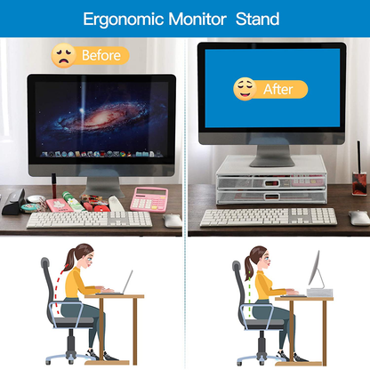 HUANUO Monitor Stand Riser with Drawer - Mesh Metal Desk Organizer PC, Laptop, Notebook, Printer Holder with Pull Out Storage Drawer (White)