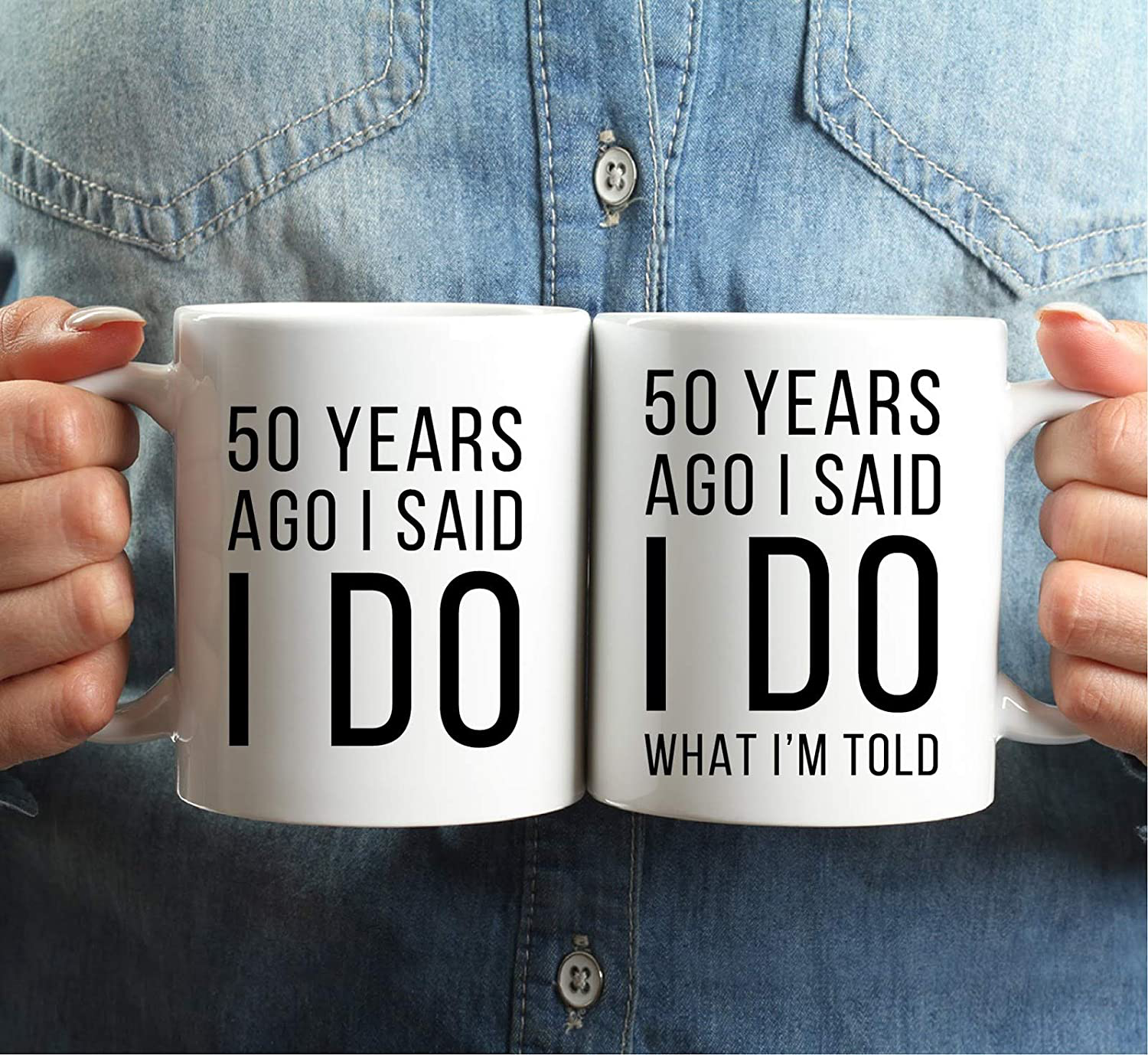 Andaz Press Funny 50th Wedding Anniversary 11oz. Couples Coffee Mug Gag Gift, 50 Years Ago I Said I Do, I Said I Do What I'm Told, 2-Pack with Gift Box for Husband Wife Parents