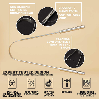 Tongue Scraper with Travel Case - 2 Pack, Fights Bad Breath, Medical Grade 100% Stainless Steel, Great for Oral Care, Tongue Cleaner for Adults and Kids, Easy to Use with Non-Synthetic Handle