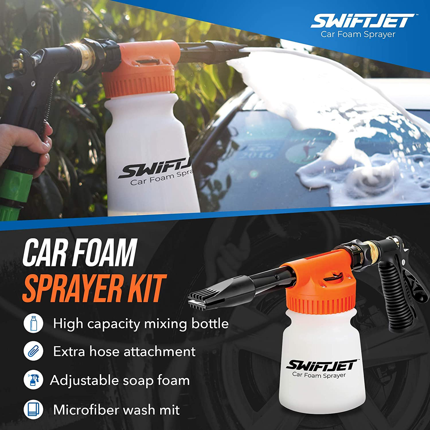 SwiftJet Car Wash Foam Gun Sprayer with Microfiber Wash Mit - Adjustable Water Pressure & Soap Ratio Dial - Foam Cannon Attaches to Any Garden Hose (Foam Sprayer with Wash Mit)