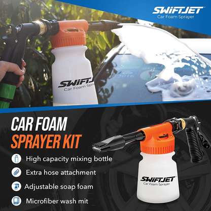 SwiftJet Car Wash Foam Gun Sprayer with Microfiber Wash Mit - Adjustable Water Pressure & Soap Ratio Dial - Foam Cannon Attaches to Any Garden Hose (Foam Sprayer with Wash Mit)