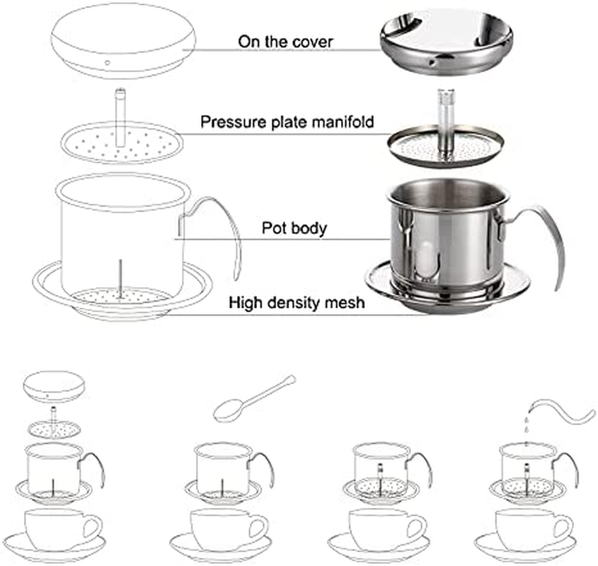 Stainless Steel Drip Coffee Filter Maker Vietnamese Style Drip Coffee Pot Infuser Ideal for on the Go/home (Gold)