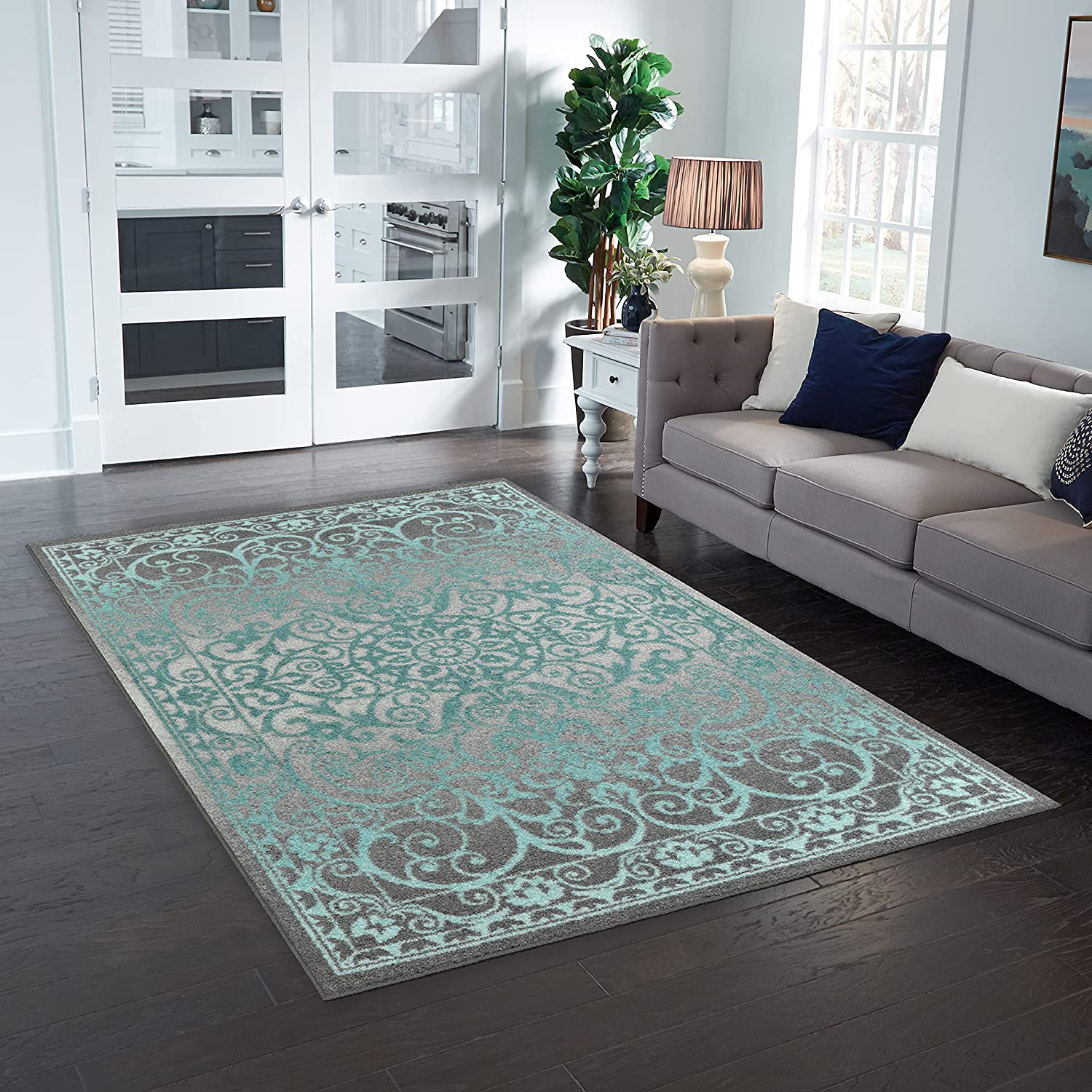 Maples Rugs Pelham Vintage Runner Rug Non Slip Hallway Entry Carpet [Made in USA], 2 x 6, Blue/Walnut