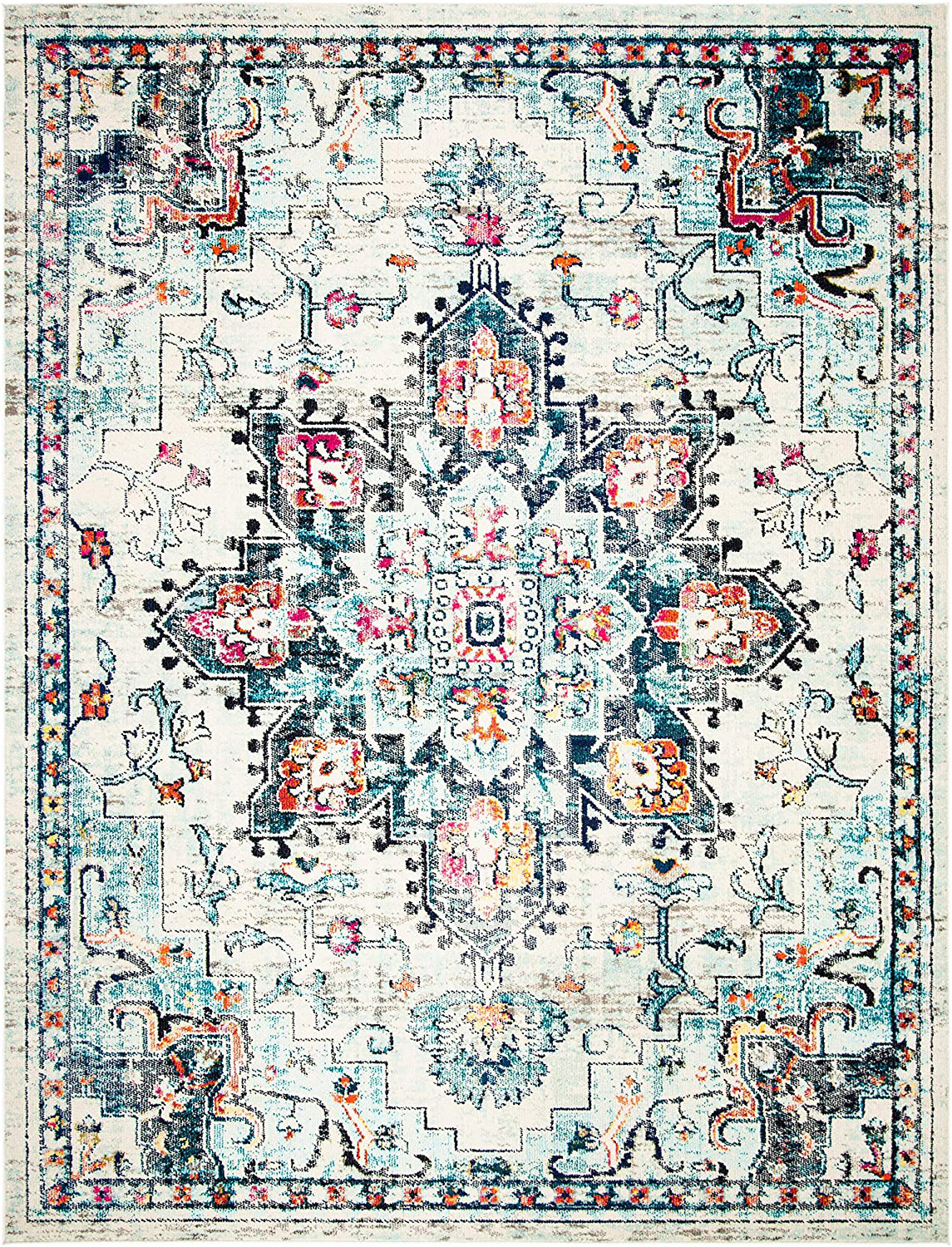 Safavieh Madison Collection MAD473P Boho Chic Medallion Distressed Non-Shedding Stain Resistant Living Room Bedroom Area Rug, 6'7" x 6'7" Round, Orange / Teal