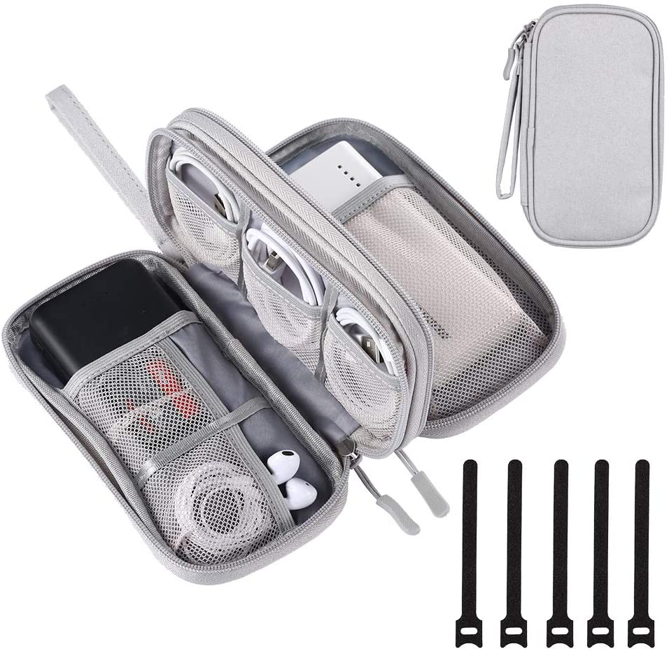 DDgro Electronics Travel Organizer, Waterproof Tech Accessories Pouch Bag for Keeping Certificates/Charger/Power Bank/Cables/Mouse/Earphone/Students’ stationeries Organized (Light Gray)