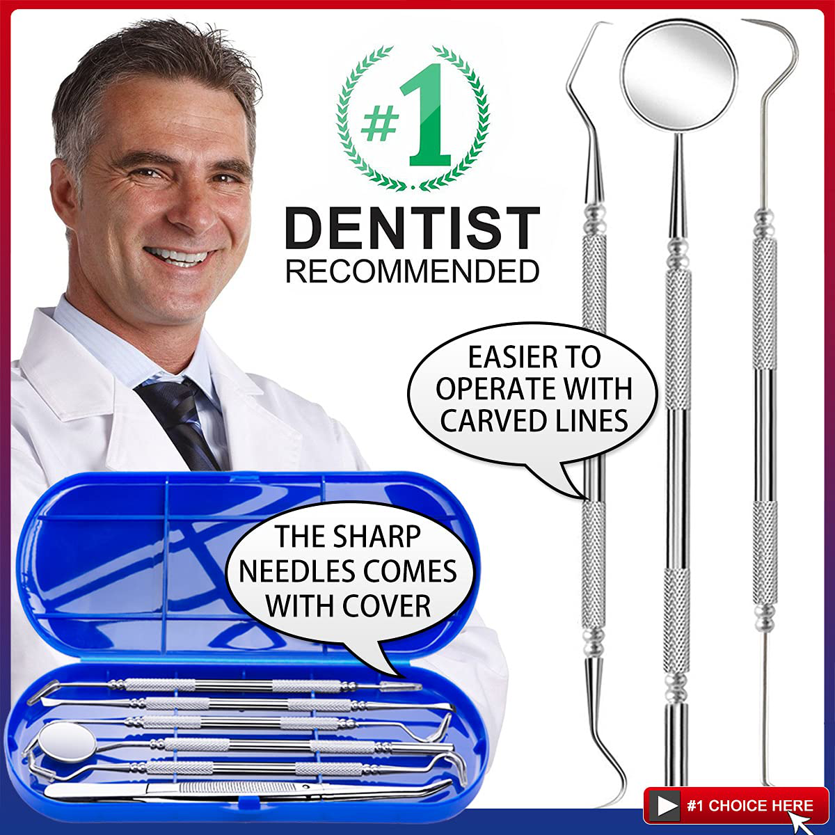 Dental Tools To Remove Plaque and Tartar, Professional Teeth Cleaning Tools, Stainless Steel Dental Hygiene Oral Care Kit with Plaque Remover, Tartar Scraper, Tooth Scaler, Dental Pick - with Case