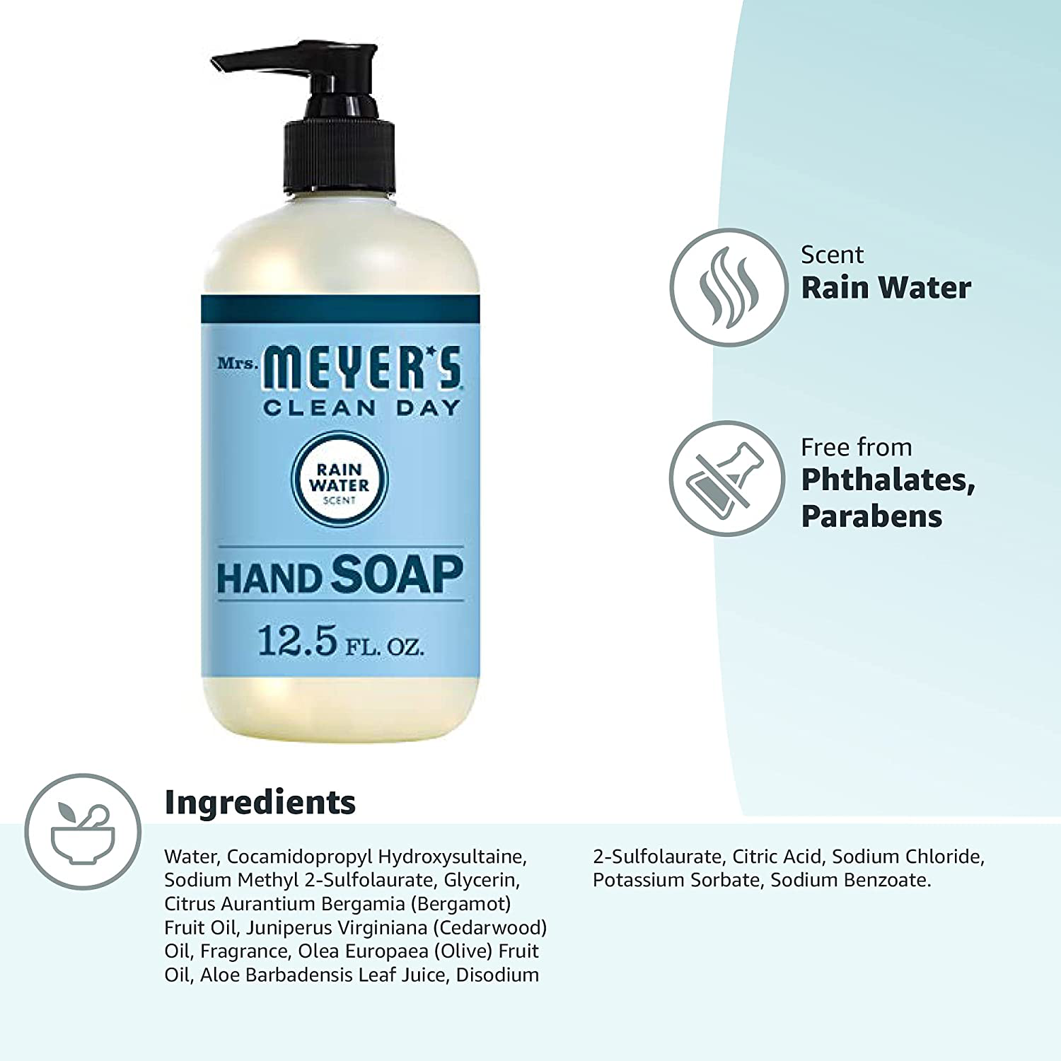 Mrs. Meyer's Clean Day Liquid Hand Soap, Cruelty Free and Biodegradable Hand Wash Formula Made with Essential Oils, Rain Water Scent, 12.5 oz Bottle
