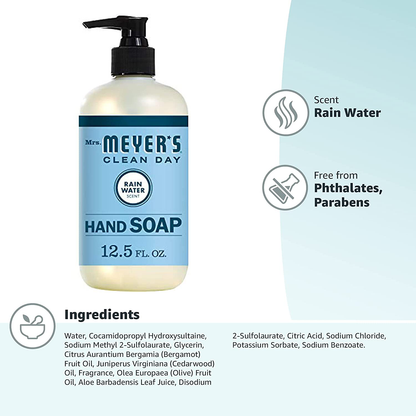 Mrs. Meyer's Clean Day Liquid Hand Soap, Cruelty Free and Biodegradable Hand Wash Formula Made with Essential Oils, Rain Water Scent, 12.5 oz Bottle