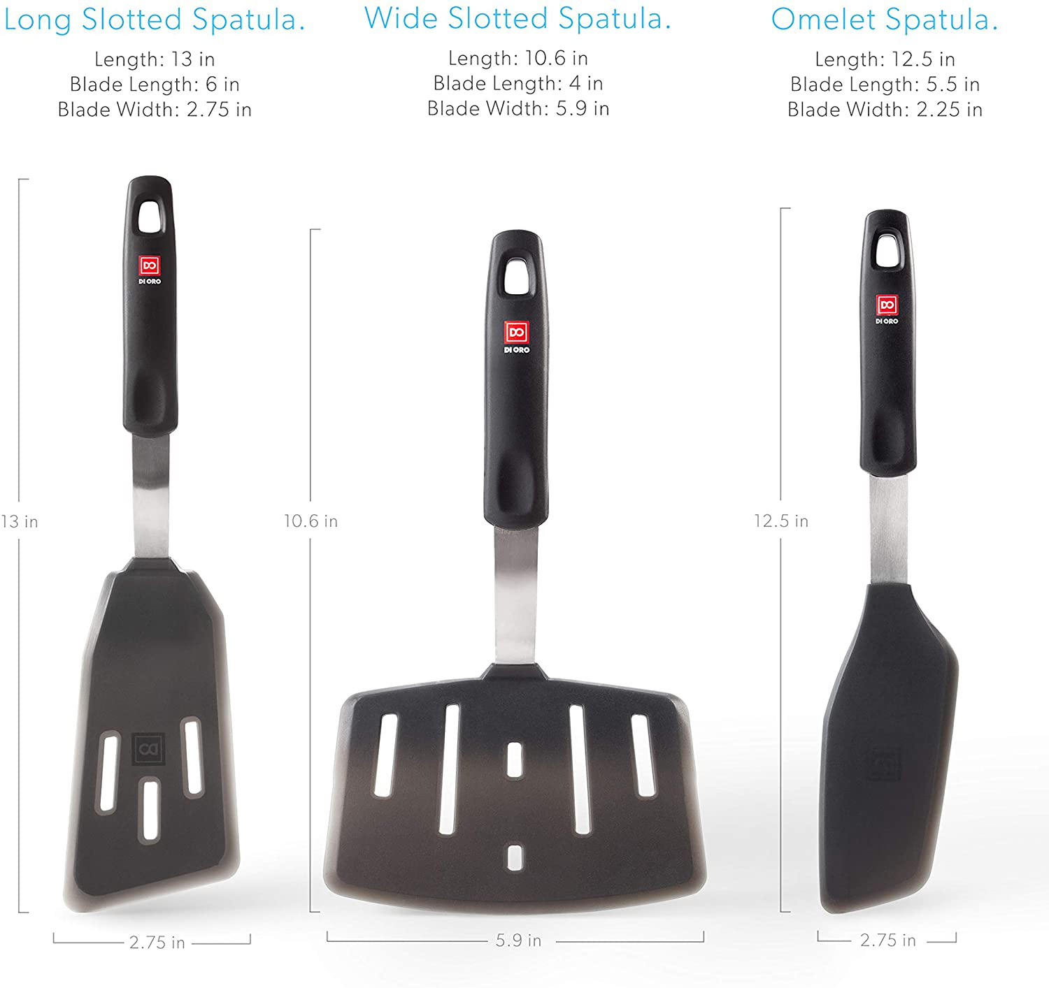 New DI ORO Designer Series Elite 3-Piece Turner Spatula Set - 600F Heat-Resistant Rubber Silicone Spatulas - Includes Slotted Fish, Omelet, and Wide Slotted Turners - LFGB Certified and BPA Free