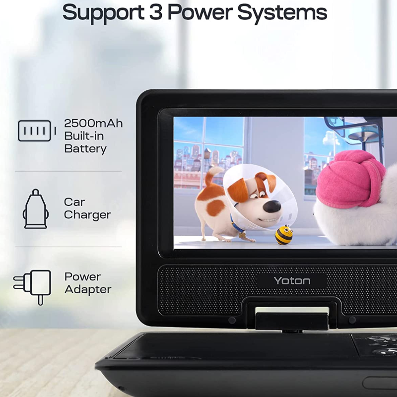 9.5" Portable DVD Player with 7.5" Swivel Screen, 4-6 Hours Built-in Battery, Support SD Card/USB/Multiple Disc Formats