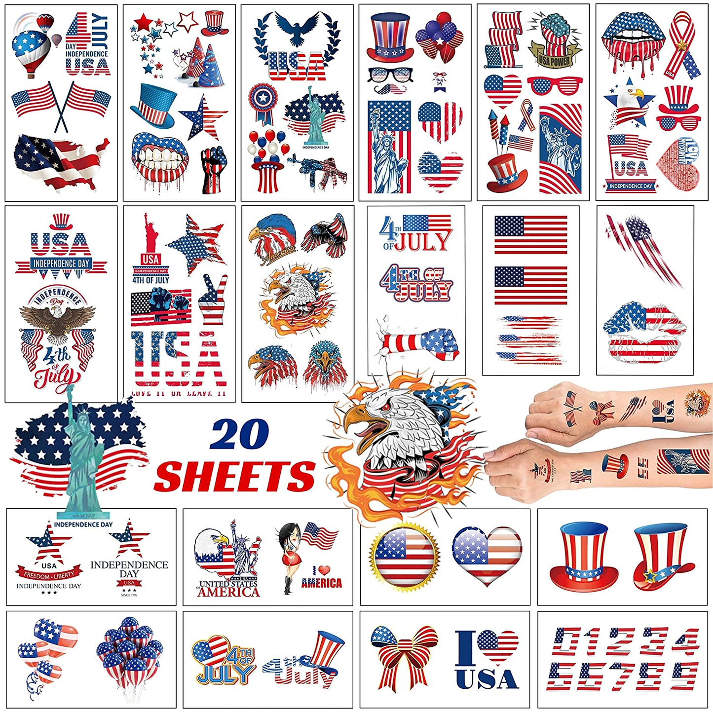 4th of July Patriotic Temporary Tattoos (10 - 20 Sheets)