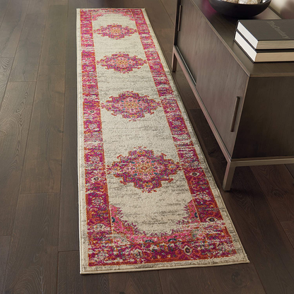 Nourison Passion Pink and White Vintage Area Rug 2'2" x 10', Ivory/Fushia, 10 Feet