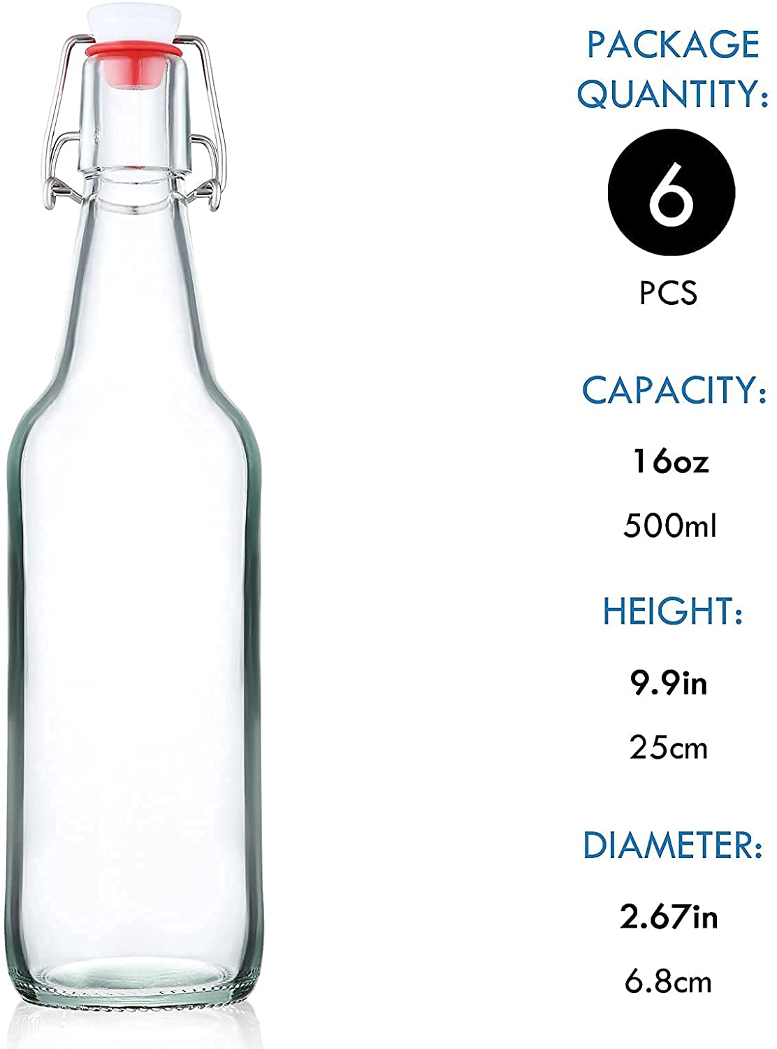 YEBODA Clear Glass Beer Bottles for Home Brewing with Easy Wire Swing Cap & Airtight Silicone Seal 16 oz- Case of 6