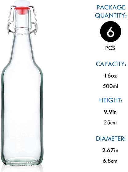 YEBODA Clear Glass Beer Bottles for Home Brewing with Easy Wire Swing Cap & Airtight Silicone Seal 16 oz- Case of 6