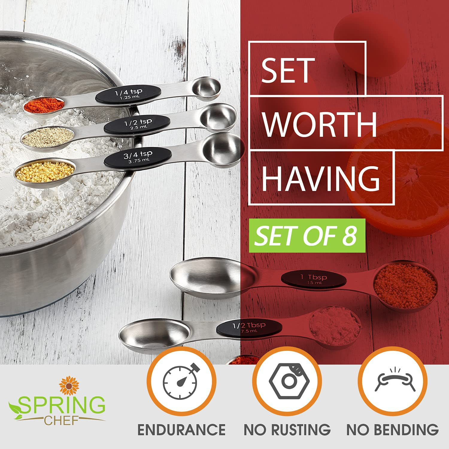 Spring Chef Magnetic Measuring Spoons Set, Dual Sided, Stainless Steel, Fits in Spice Jars, Black, Set of 8