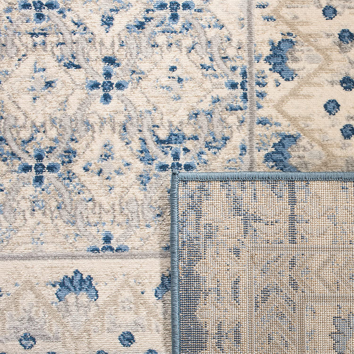 Safavieh Brentwood Collection BNT899G Traditional Oriental Distressed Non-Shedding Stain Resistant Living Room Bedroom Area Rug, 6'7" x 6'7" Square, Light Grey / Blue