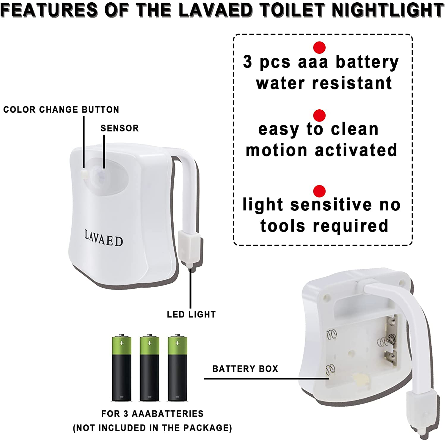 LAVAED Motion Sensor Toilet Night Light Home Toilet Light Bathroom Body Motion Sensor Toilet Bowl Seat Light Lamp 8-Color Changes (1 Pack)