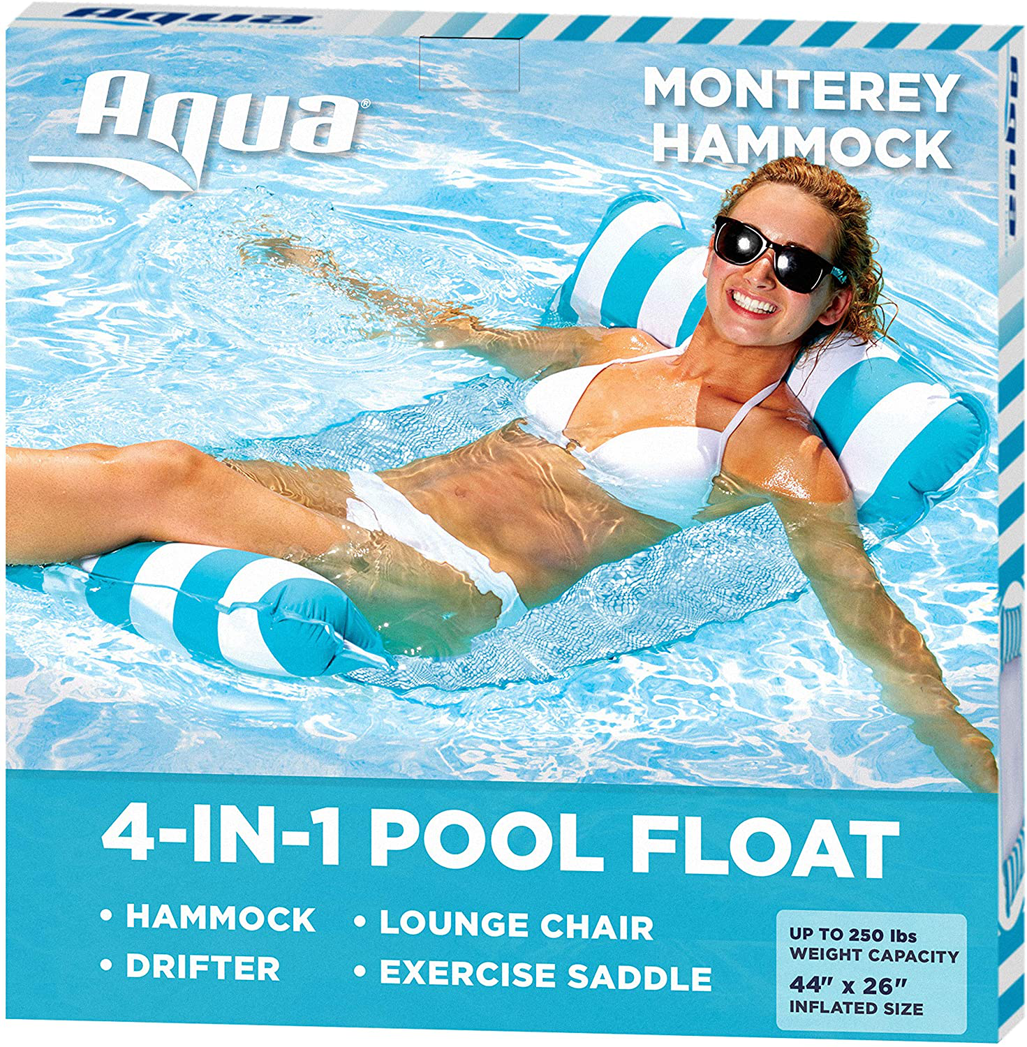 Aqua 4-in-1 Monterey Pool Hammock & Float, 50% Thicker, Patented Non-Stick PVC, Multi-Purpose Water Hammock (Saddle, Chair, Hammock, Drifter) Pool Chair for Adults - Light Blue