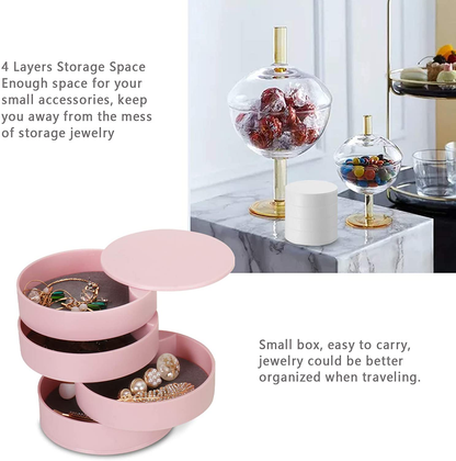 CONBOLA Jewelry Organizer, Small Jewelry Storage Box Earring Holder for Women, 4-Layer Rotating Travel Jewelry Tray Case with Lid for Bracelets Rings Bracelets (Pink)