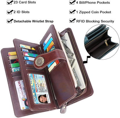 Lavemi Womens Large Capacity RFID Blocking Leather Wristlet Clutch Wallets Card Holder