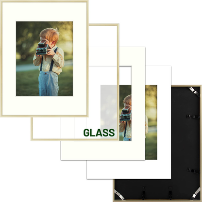 Frametory, 12x16 inch Gold Metal Picture Frame - Aluminum Thin Molding - Photo Frame with Ivory Color Mat for 8.5x11Wall Art & Pre-installed Mounting hardware - Real Glass