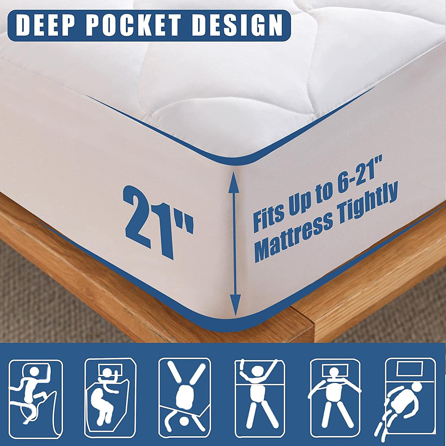 Cal King Size Quilted Fitted Mattress Pad, Waterproof Breathable Cooling Mattress pad, Stretches up to 21 Inches Deep Pocket Hollow Alternative Filling Noiseless Mattress Cover