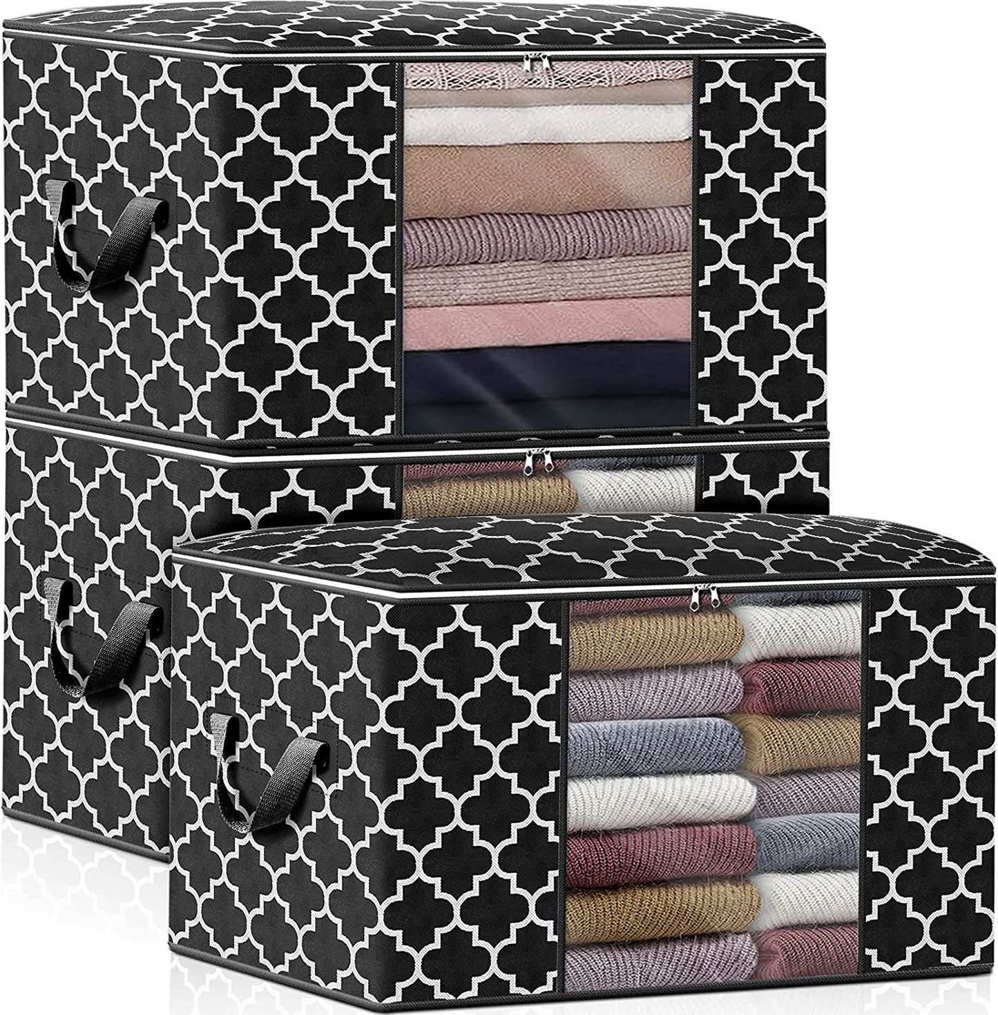 WISELIFE Storage Bags 100L 3-Pack Large Blanket Clothes Organization and Storage Containers for Bedding, Comforters, Foldable Organizer with Reinforced Handle, Clear Window, Sturdy Zippers, Black