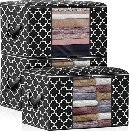 WISELIFE Storage Bags 100L 3-Pack Large Blanket Clothes Organization and Storage Containers for Bedding, Comforters, Foldable Organizer with Reinforced Handle, Clear Window, Sturdy Zippers, Black