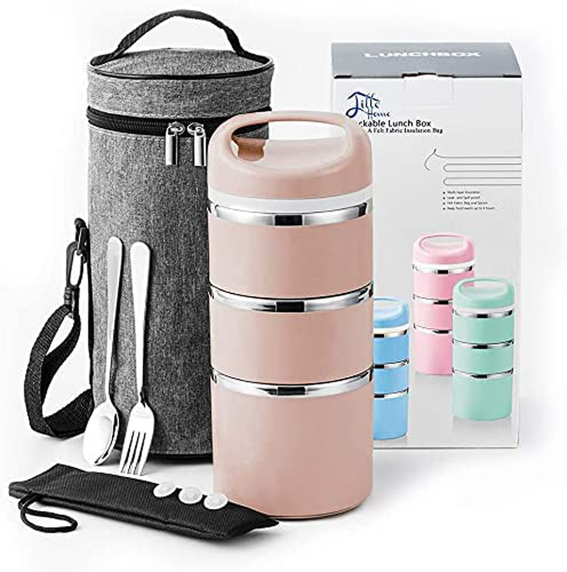 Lille Home Stackable Stainless Steel Compartment Lunch/Snack Box, 3-Tier Insulated Bento/Food Container with Upgraded Lunch Bag, Portable Cutlery Set and 3 Extra Silicone Seals, 43OZ, Gold