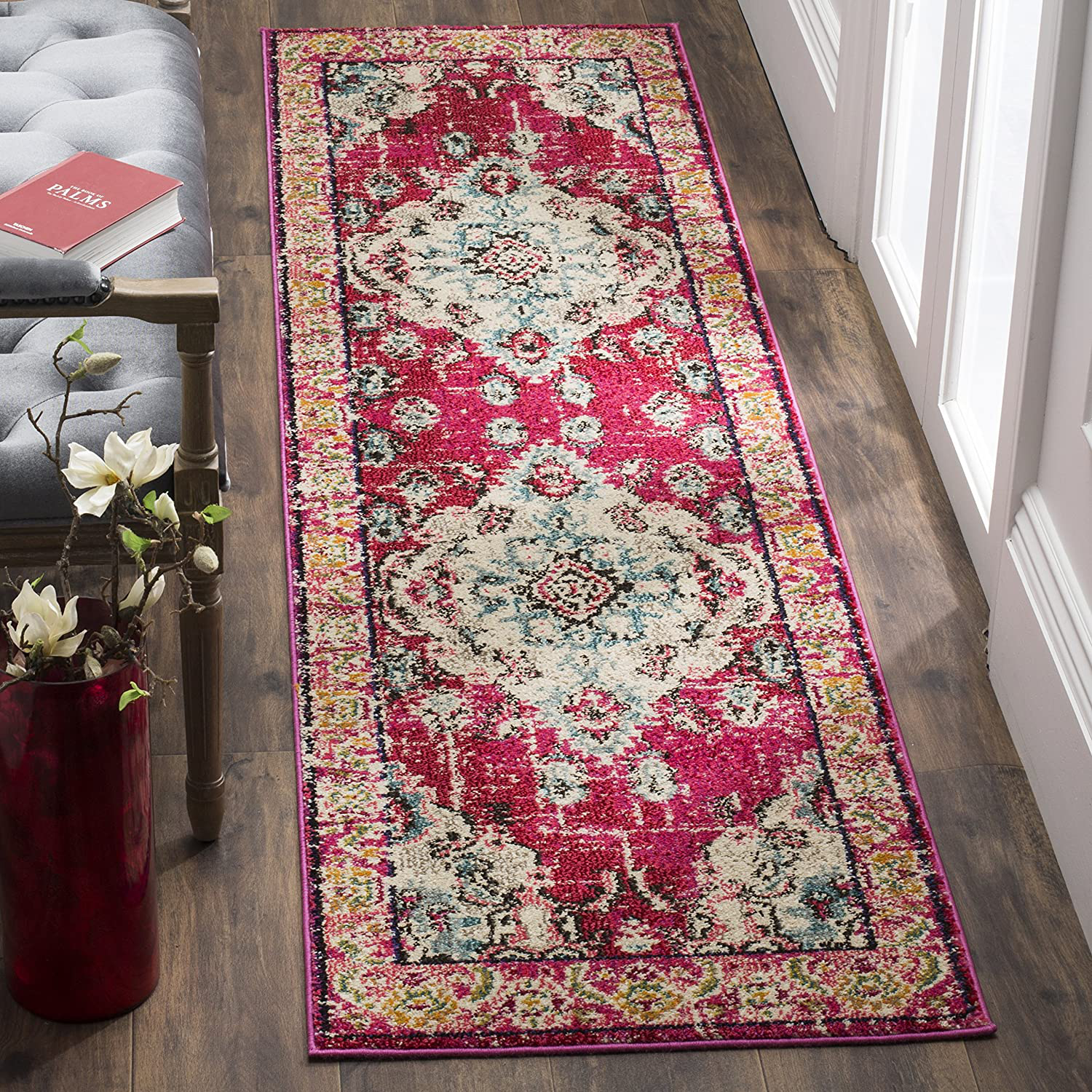 Safavieh Monaco Collection MNC243D Boho Chic Medallion Distressed Non-Shedding Stain Resistant Living Room Bedroom Runner, 2'2" x 10' , Pink / Multi