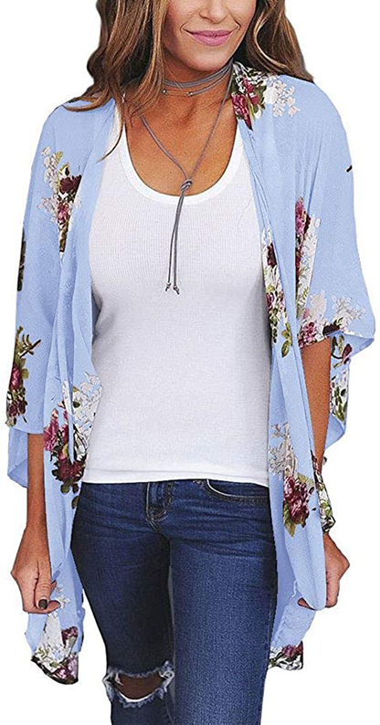 Women's Floral Print Puff Sleeve Kimono Cardigan Loose Cover Up Casual Blouse Tops