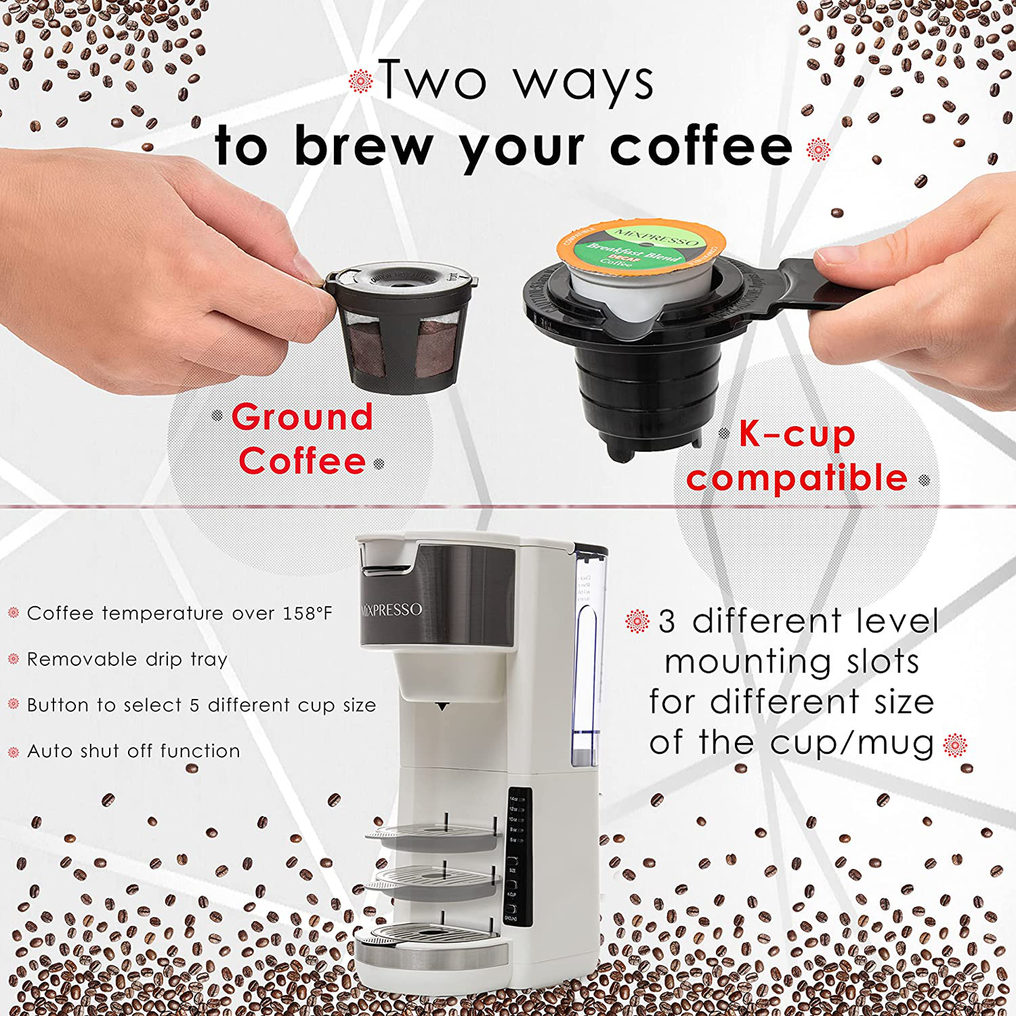Mixpresso Single Serve 2 in 1 Coffee Brewer K-Cup Pods Compatible & Ground Coffee,Compact Coffee Maker Single Serve With 30 oz Detachable Reservoir, 5 Brew Size and Adjustable Drip Tray ( (Grey)