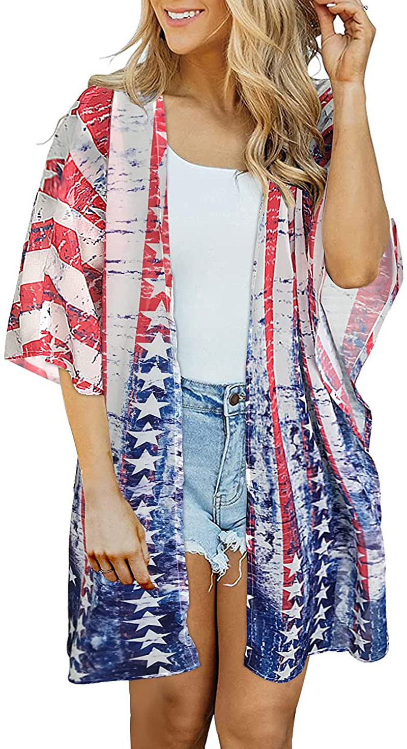 Women's Floral Print Puff Sleeve Kimono Cardigan Loose Cover Up Casual Blouse Tops
