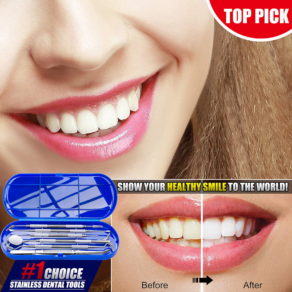 Dental Tools To Remove Plaque and Tartar, Professional Teeth Cleaning Tools, Stainless Steel Dental Hygiene Oral Care Kit with Plaque Remover, Tartar Scraper, Tooth Scaler, Dental Pick - with Case