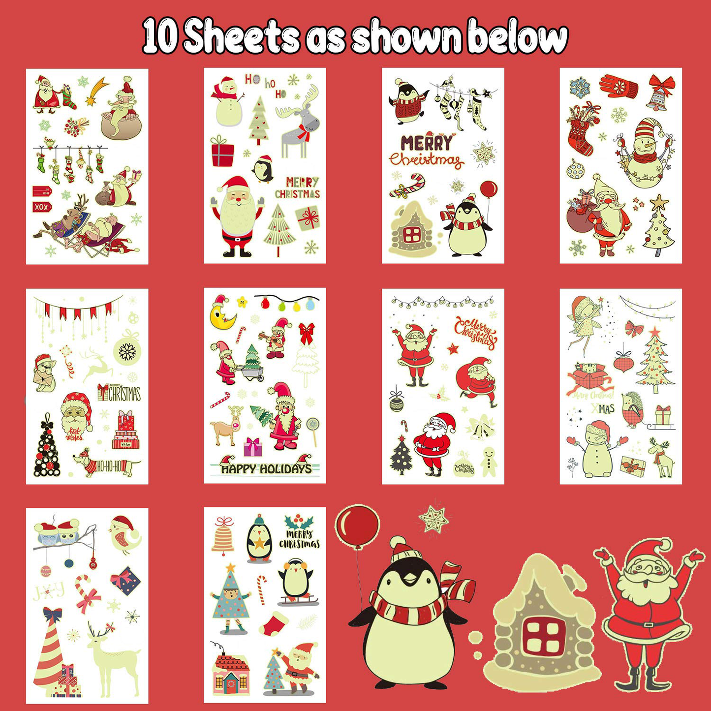 Partywind 10 Sheets Luminous Christmas Temporary Tattoos for Kids Stocking Stuffers, Christmas Party Decorations Supplies Favors for Birthday Party, Xmas Holiday Stickers Games for Boys and Girls