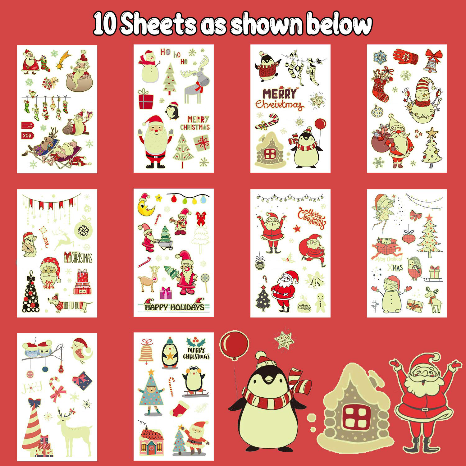 Partywind 10 Sheets Luminous Christmas Temporary Tattoos for Kids Stocking Stuffers, Christmas Party Decorations Supplies Favors for Birthday Party, Xmas Holiday Stickers Games for Boys and Girls