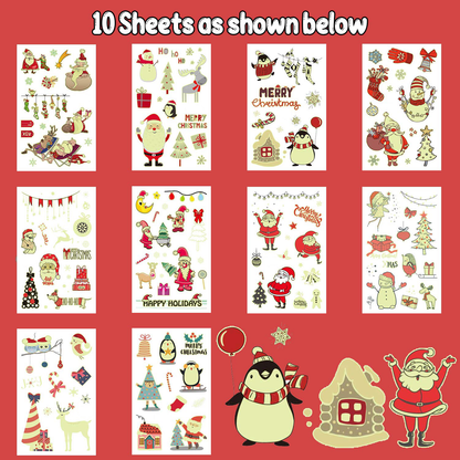 Partywind 10 Sheets Luminous Christmas Temporary Tattoos for Kids Stocking Stuffers, Christmas Party Decorations Supplies Favors for Birthday Party, Xmas Holiday Stickers Games for Boys and Girls