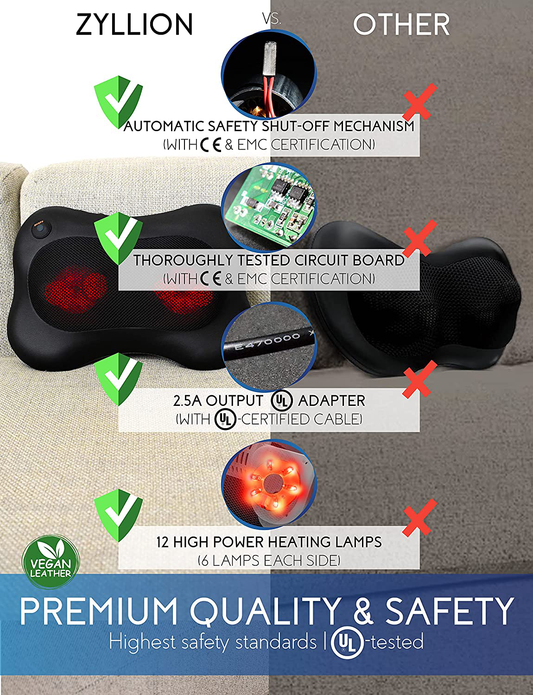 Zyllion Shiatsu Back and Neck Massager - Kneading Massage Pillow with Heat for Shoulders, Calf, Legs, Feet, Hands, Home, Office, Chair and Car - Black (ZMA-13-BK)