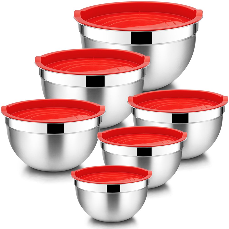 Set of 6 Mixing Bowls with Lids, Stainless Steel Metal Nesting Bowls for Cooking, Baking, Preparing & Serving