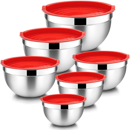 Set of 6 Mixing Bowls with Lids, Stainless Steel Metal Nesting Bowls for Cooking, Baking, Preparing & Serving