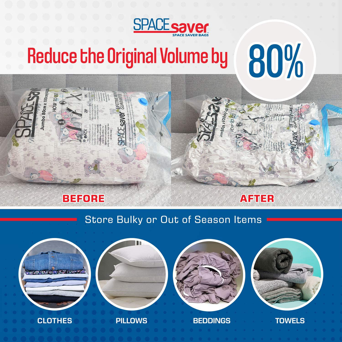 Spacesaver Premium Vacuum Storage Bags. 80% More Storage! Hand-Pump for Travel! Double-Zip Seal and Triple Seal Turbo-Valve for Max Space Saving! (Small 6 Pack)