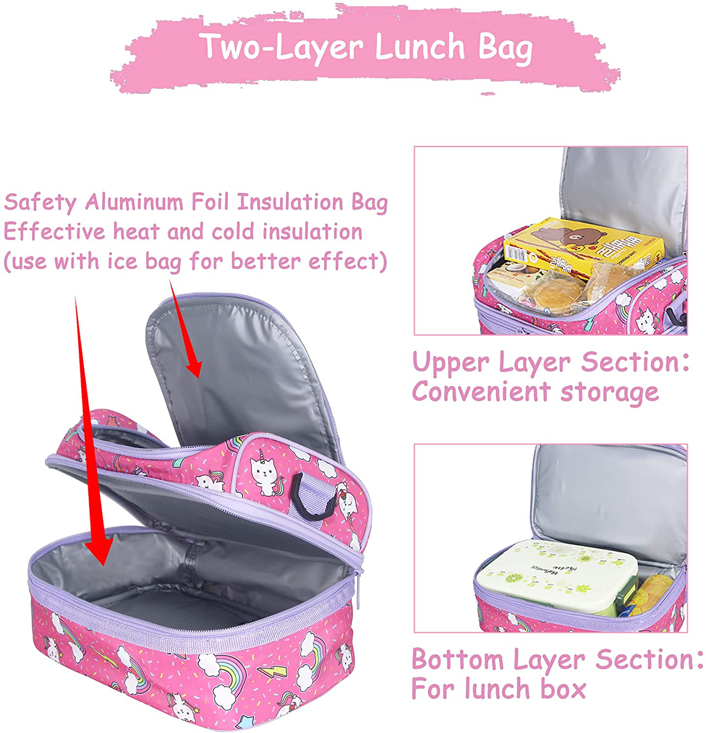 Lunch Box Bag for Boys, Kasqo Insulated Cooler Bag Kids Lunch Tote with Dual Compartments, Black Dinosaur