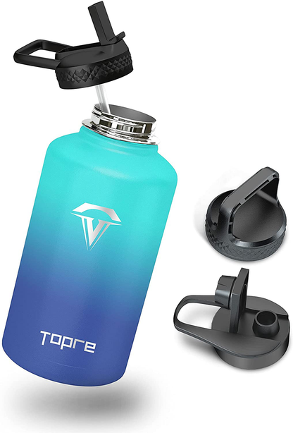 64 oz Insulated Water Bottle, Topre Half Gallon Vacuum Stainless Steel Sports Water Jug with 3 Lids & Brushes, BPA-free Reusable Triple Walled Thermo Mug Canteen for Sports Outdoor Camping, Black