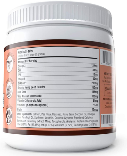 Natural Dog Company Skin & Coat Supplement Chews with Wild Alaskan Salmon Oil, Omega 3 & 6, EPA & DHA, Promotes Healthy Skin and Coat, Salmon & Peas Flavor, 90 Count
