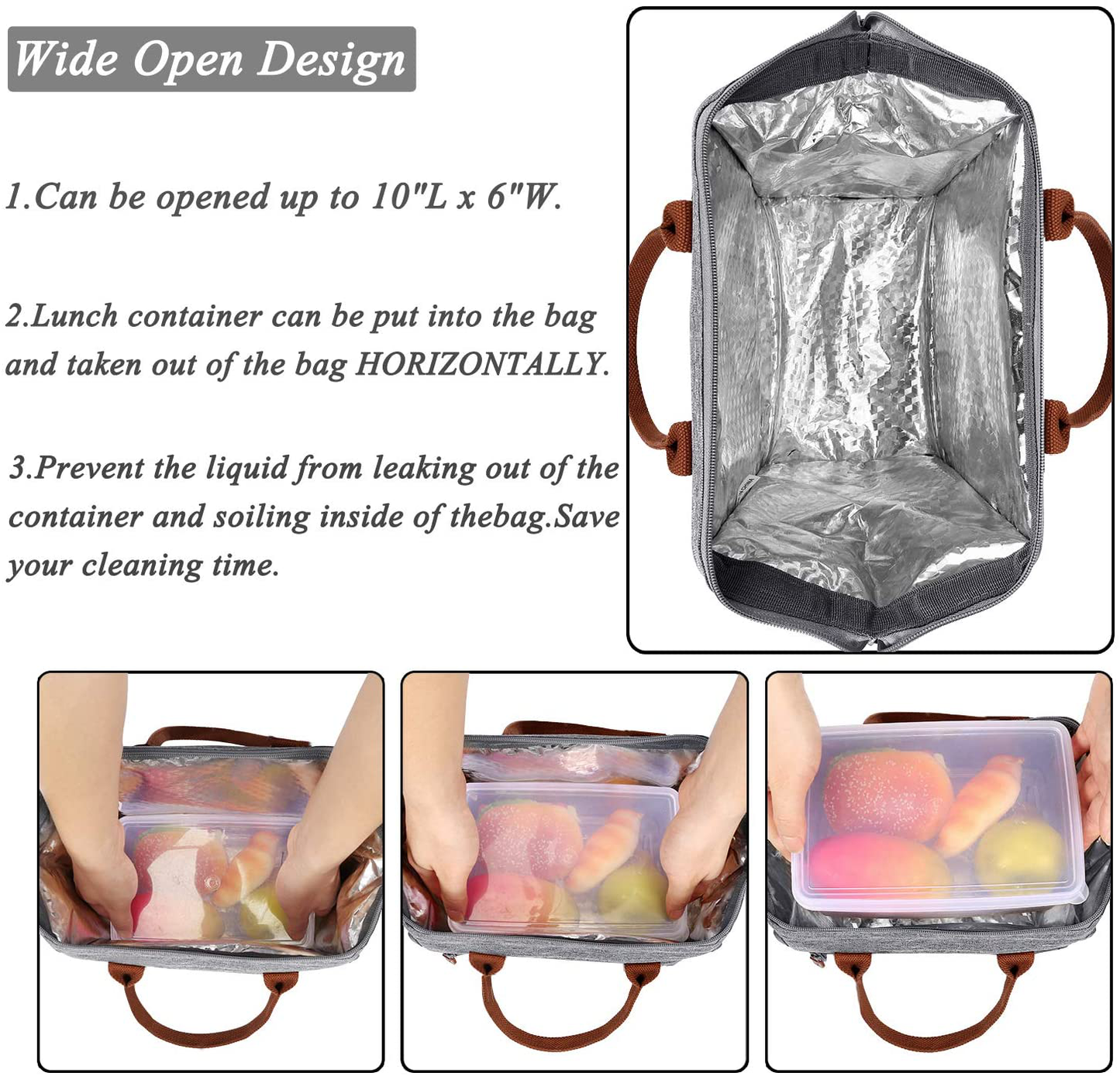 LOKASS Lunch Bag Insulated Lunch Box Wide-Open Lunch Tote Bag Large Drinks Holder Durable Nylon Thermal Snacks Organizer for Women Men Adults College Work Picnic Hiking Beach Fishing,Grey