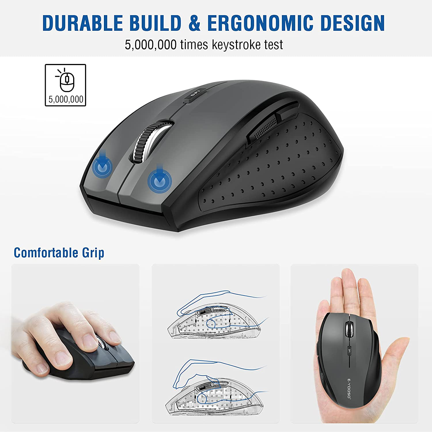 Wireless Mouse, E-YOOSO Computer Mouse 5 Adjustable DPI 6 Buttons Cordless Mouse Wireless Optical Mice with USB Nano Receiver, 2.4G Portable Ergonomic Wireless Mouse for Laptop/Windows/Mac/Office PC