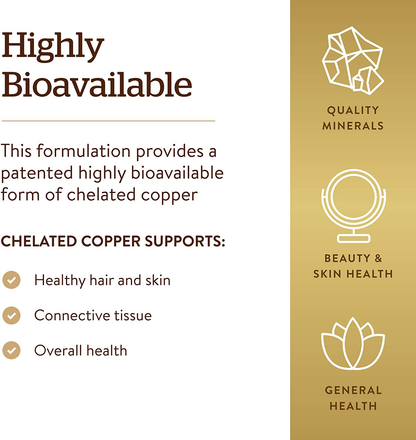Solgar Chelated Copper, 100 Tablets - Essential for Collagen Formation - Highly Bioavailable Form - Supports Connective Tissue - Non-GMO, Vegan, Gluten Free, Dairy Free, Kosher - 100 Servings
